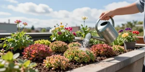 Het verzorgen van een sedumdak door aandacht te besteden aan de behoeften van de planten, met levendige groene planten en tuinieren in de buitenlucht.