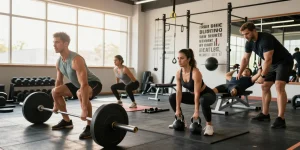 Prime Pharma Steroiden athletes engaged in rigorous workouts at a vibrant gym.