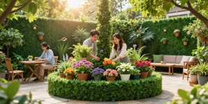 Kunsthaag buiten die een kleurrijke tuinretreat verfraait met levendige planten.
