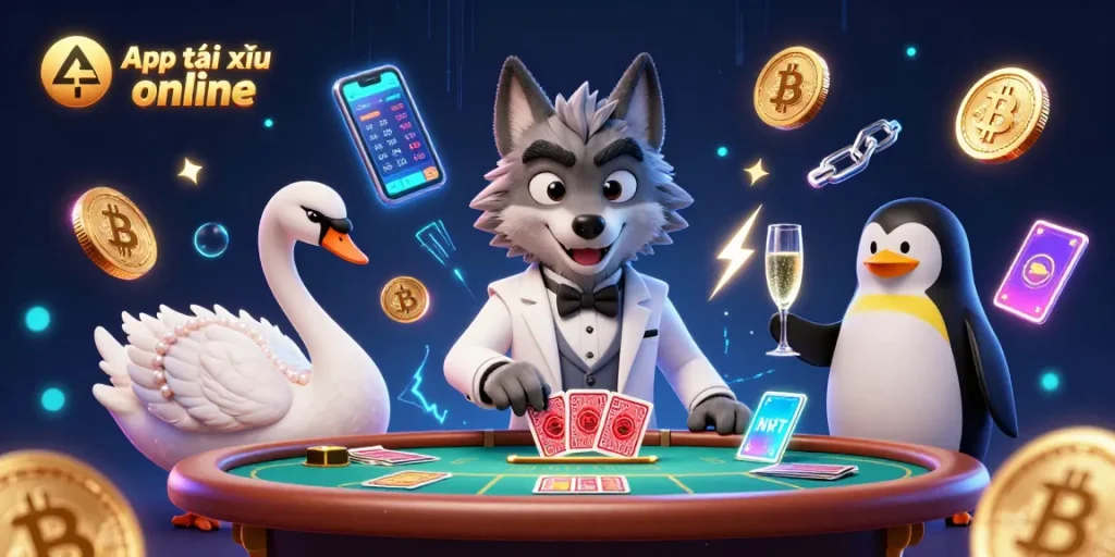 Win big with the App tài xỉu online illustrated by a wolf, swan, and penguin in a vibrant casino scene.