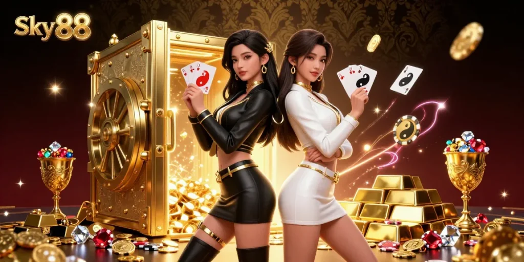 Experience the thrill of Sky 88 with stunning duo holding playing cards amidst a wealth of casino treasures.