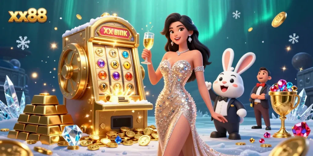 Experience the thrill of xx88 with a glamourous woman celebrating beside a jackpot slot machine.