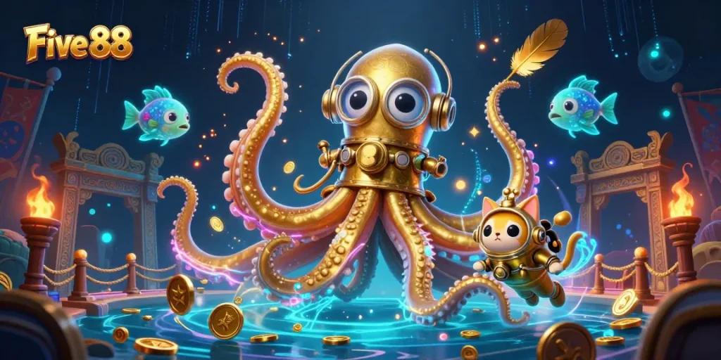Engage with thrilling Five 88 casino adventures, featuring a kraken and diving cat amid vibrant treasures.