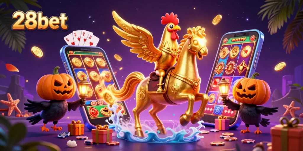 Experience the thrill of 28bet with a vibrant casino scene featuring a golden rooster and gaming action.