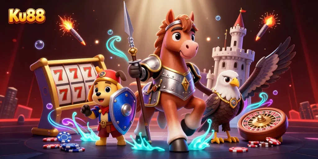 Engage with Ku88 in a thrilling casino showdown featuring knights, slots, and poker chips.