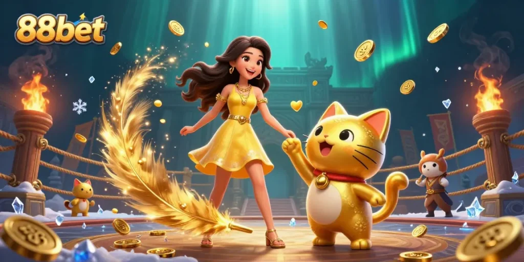 Engage with 88bet's thrilling online casino experience featuring a cheerful lady and a lucky cat.