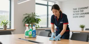 Cleaning professional at a modern office in Den Haag, showcasing efficient services from a reputable schoonmaakbedrijf den haag.