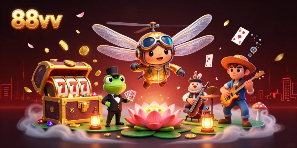 Join 88vv's exciting gameplay with a dragonfly pilot and frog dealer in a vibrant casino scene.