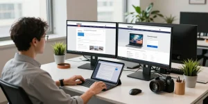 Efficient workspace showing the WPS Official Website on dual monitors for productivity.