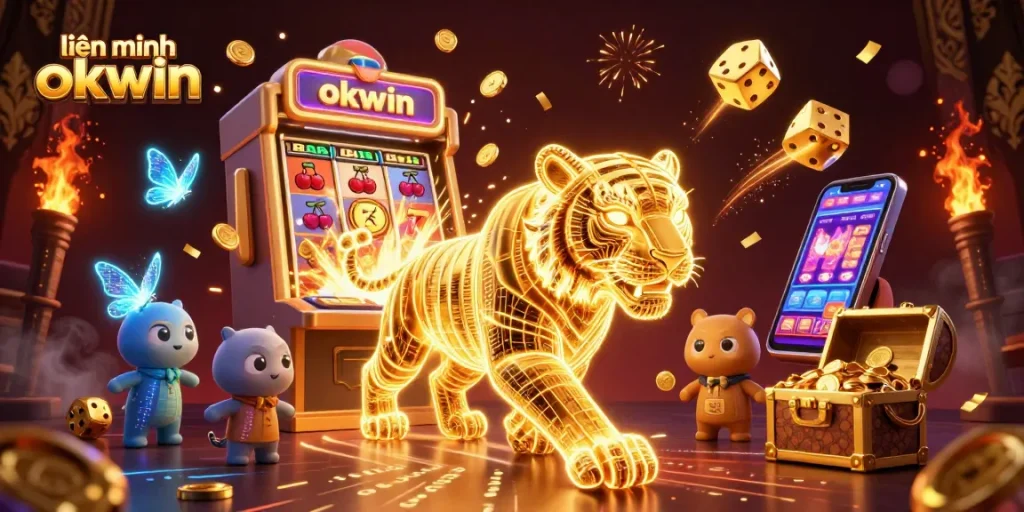 Win big with liền minh okwin as the golden tiger prowls through a vibrant digital casino.