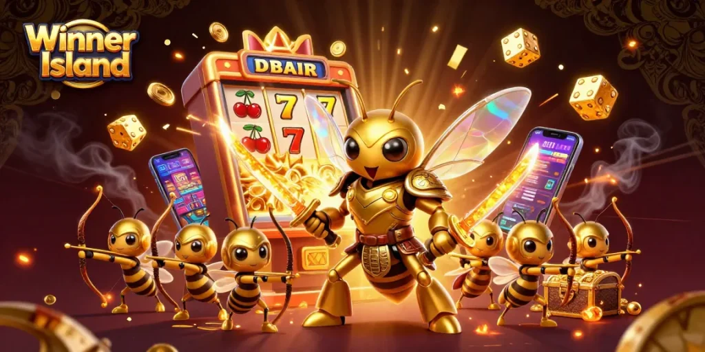 Experience the thrilling jackpot explosion at Winner Island with vibrant casino symbols and animated characters.