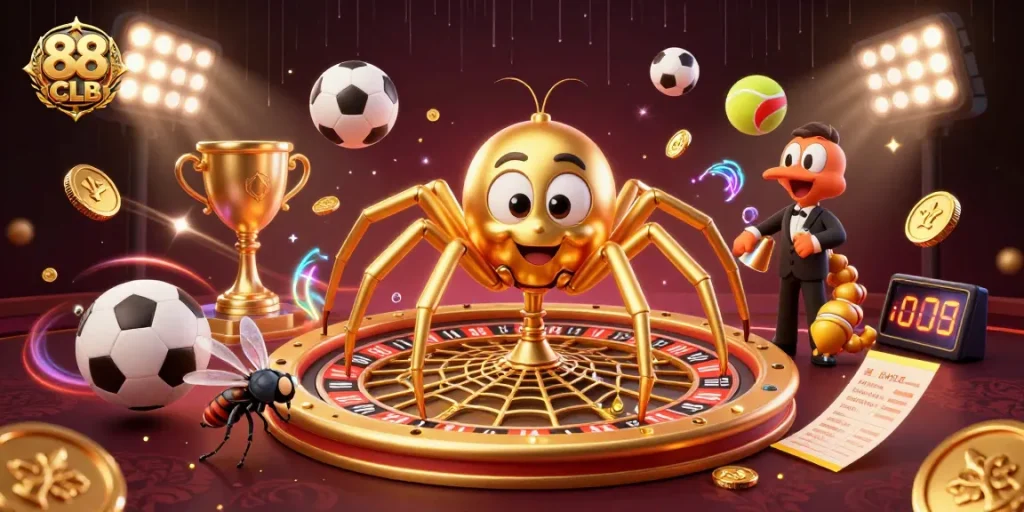 Engage in thrilling bets with 88 CLB as a golden spider and centipede croupier spin the roulette web.