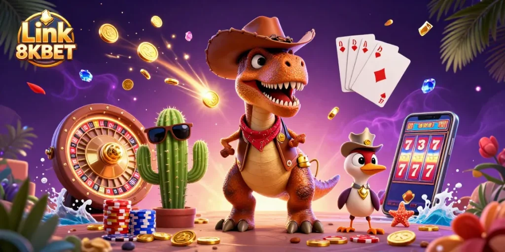Engage with thrilling gambling action at Link 8KBET, featuring vibrant casino characters and exciting game elements.