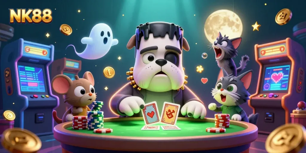 Experience NK88 at a vibrant casino scene with cartoon characters and dynamic game elements.