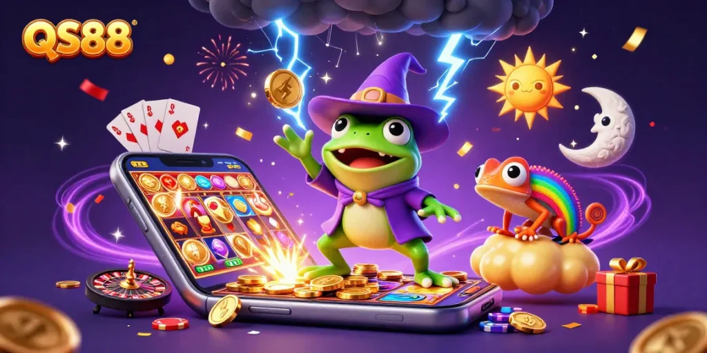 Engage in thrilling moments with QS88 as golden coins and slot games illustrate player excitement.