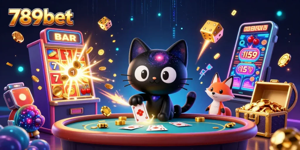 Experience the thrill of 789bet with a dazzling cosmic casino scene, showcasing winning moments and vibrant characters.
