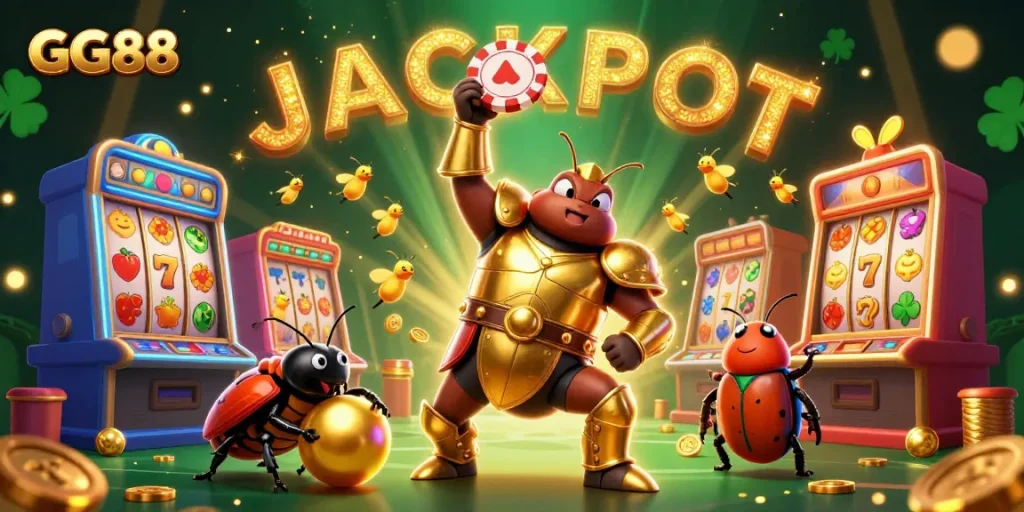 Engage with GG88's thrilling jackpot adventure featuring vibrant casino elements and victory poses.