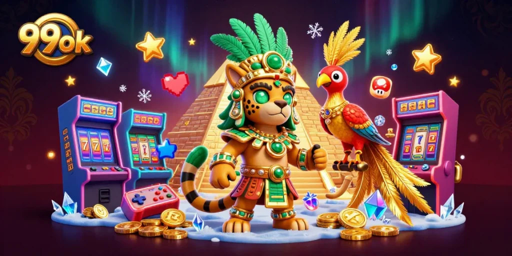 Experience exciting gaming with 99ok featuring dynamic characters, slot reels, and colorful casino elements.