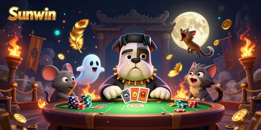 Sunwin engages players with a vibrant 3D illustration of a dog dealing cards and a spooky gaming scene.