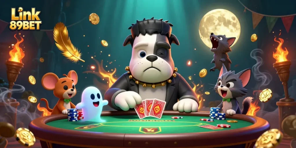 Join the excitement with Link 89BET at a lively poker table featuring animated characters.