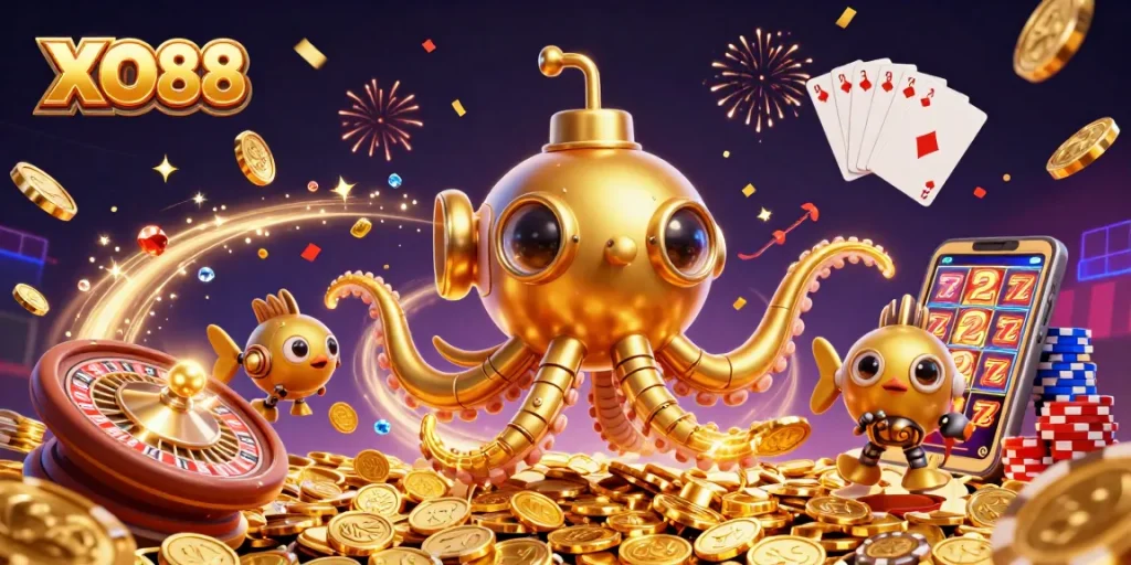 Experience dynamic gaming excitement at XO88 with 3D illustrations of casino games and treasures.