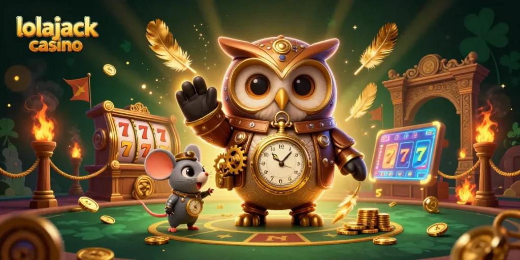Experience the thrill of lolajack casino with a vibrant 3D illustration featuring a time-traveling owl and dynamic slot elements.