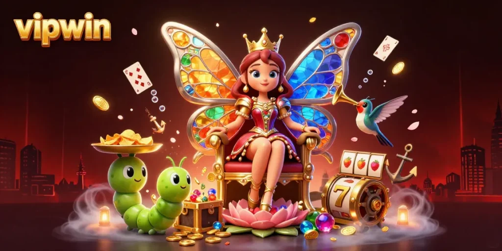 Engage with vipwin in a vibrant casino scene featuring a butterfly queen and dynamic game elements.