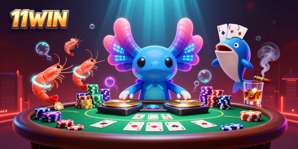 Experience thrilling gaming action at 11WIN with vibrant casino elements and lively characters.
