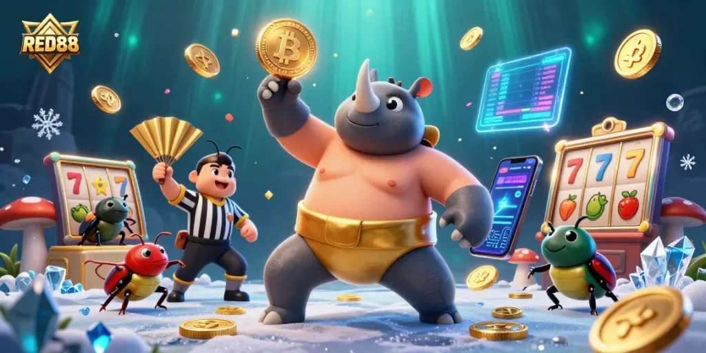 Experience thrilling gameplay with RED88's vibrant scene featuring a beetle sumo champion and blockchain elements.
