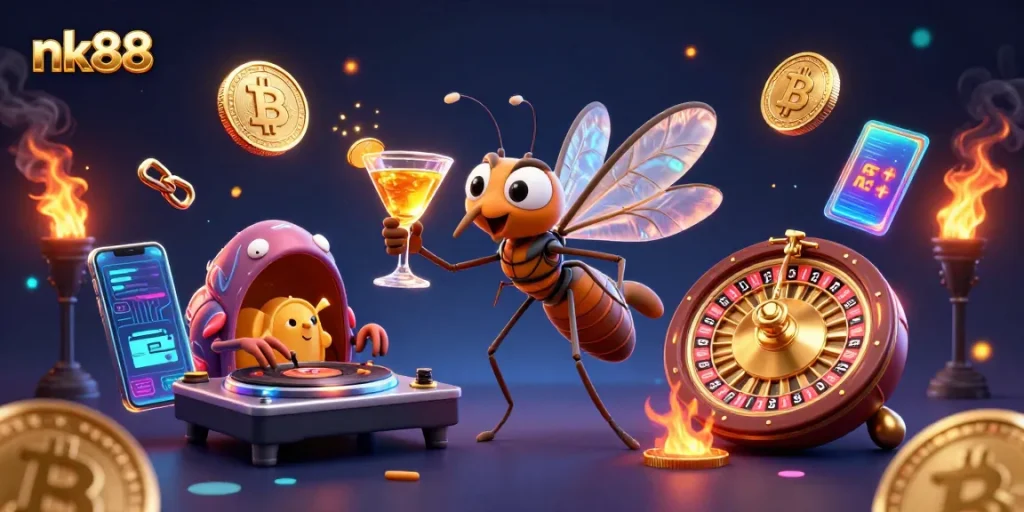 nk88 casino mascot representing excitement while illuminating BTC and ETH rewards