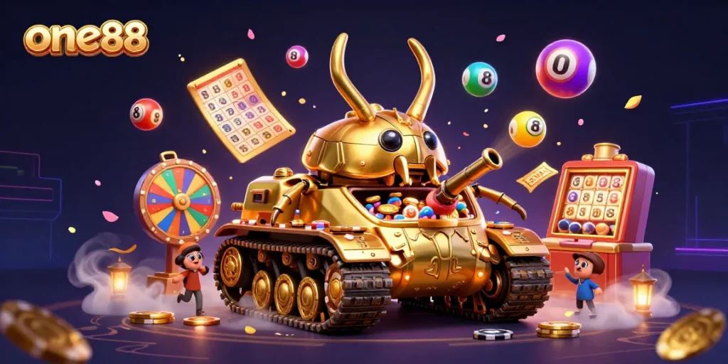 Experience one88's captivating mini-casino scene featuring vibrant lottery balls and golden prizes.