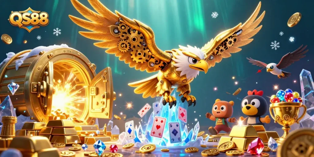 Experience thrilling gameplay at QS88 with dynamic holographic cards and cybernetic eagle.
