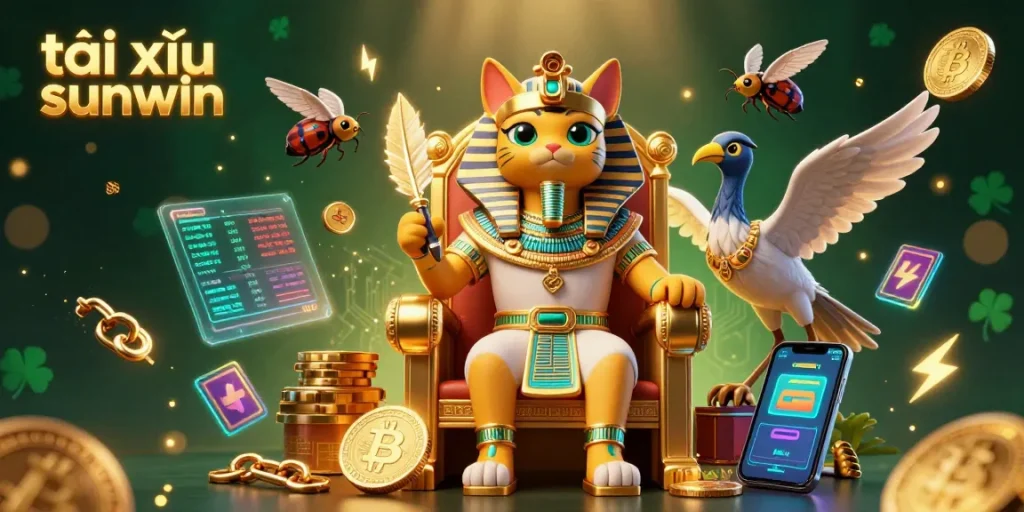 Play tài xỉu sunwin with engaging visuals of an Egyptian pharaoh cat and crypto elements.