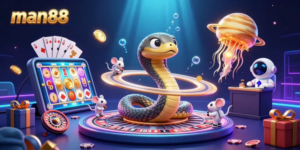 Place bets on man88's roulette wheel as cartoon characters engage in cosmic gambling fun.