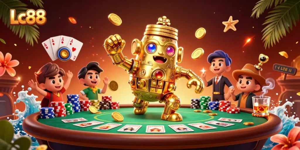 Experience exhilarating gaming action at Lc88 with vibrant poker scenes and golden golems.