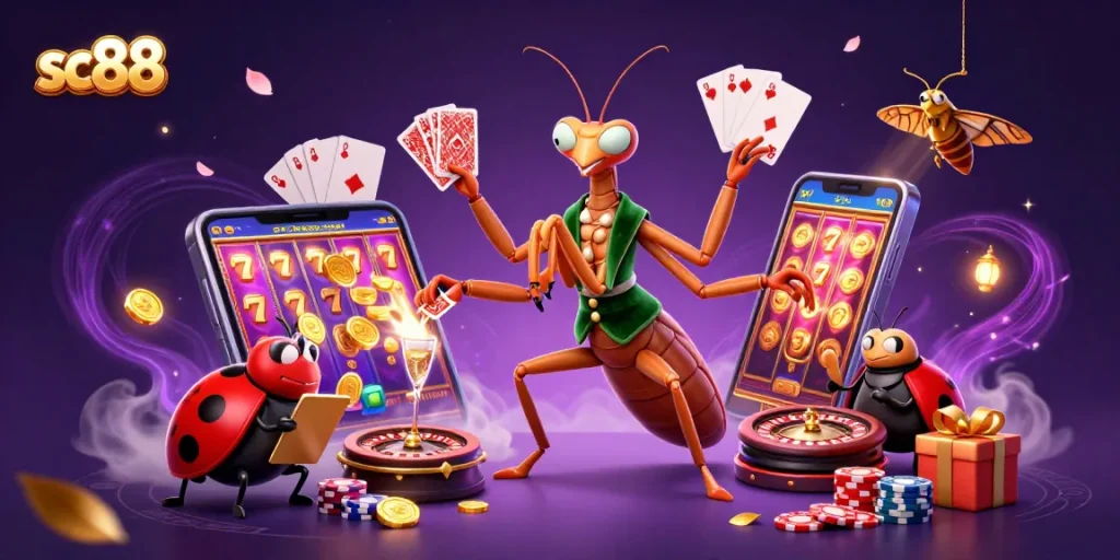 sc88 captures a dynamic scene of a giant mantis dealer and a ladybug pit boss amidst vibrant casino elements