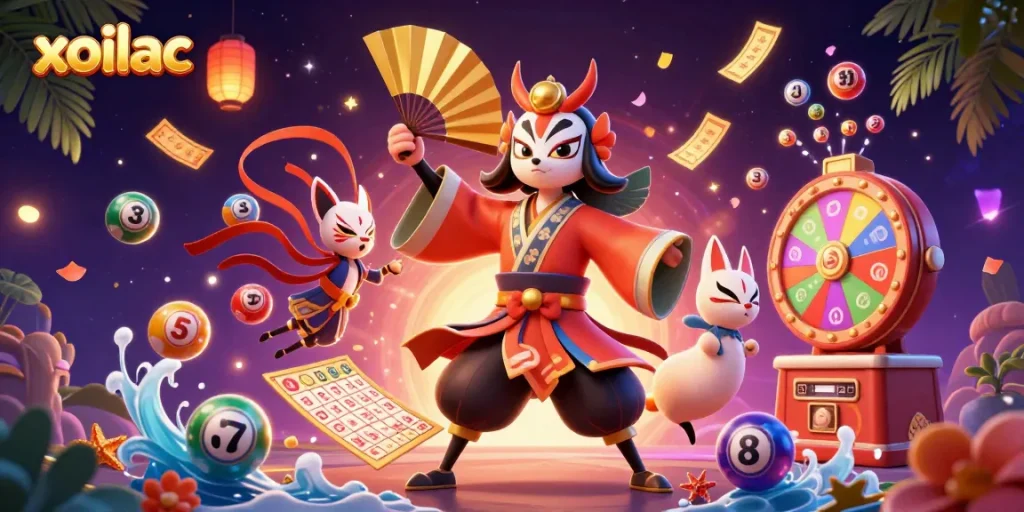 Experience gaming excitement with xoilac's vibrant lottery scene featuring lively characters and visuals.