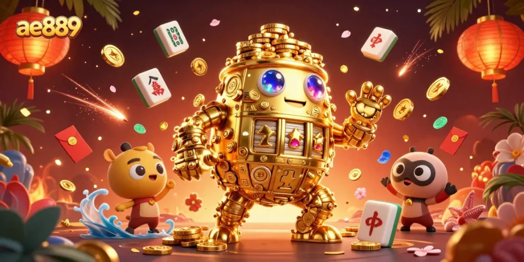 Engage with the exciting world of ae889 as golden golem and casino symbols create a vibrant gaming scene.