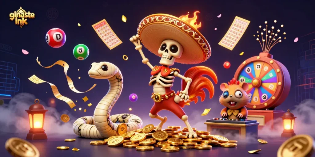 Engage with ginaste ink through vibrant lottery-themed gaming featuring animated characters and dynamic elements.